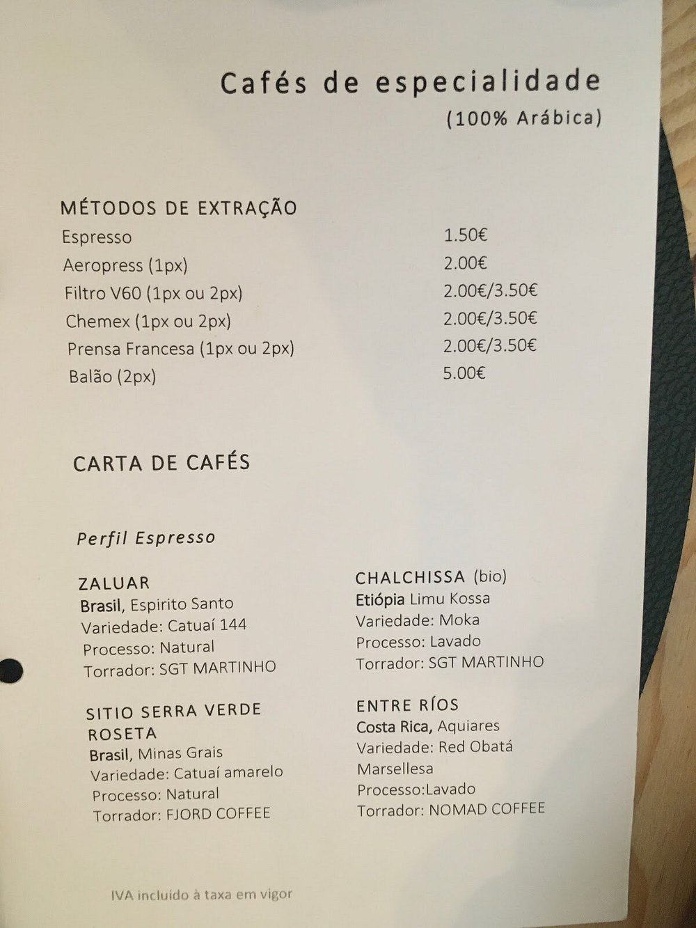 Carta de Cafés de Especialidade